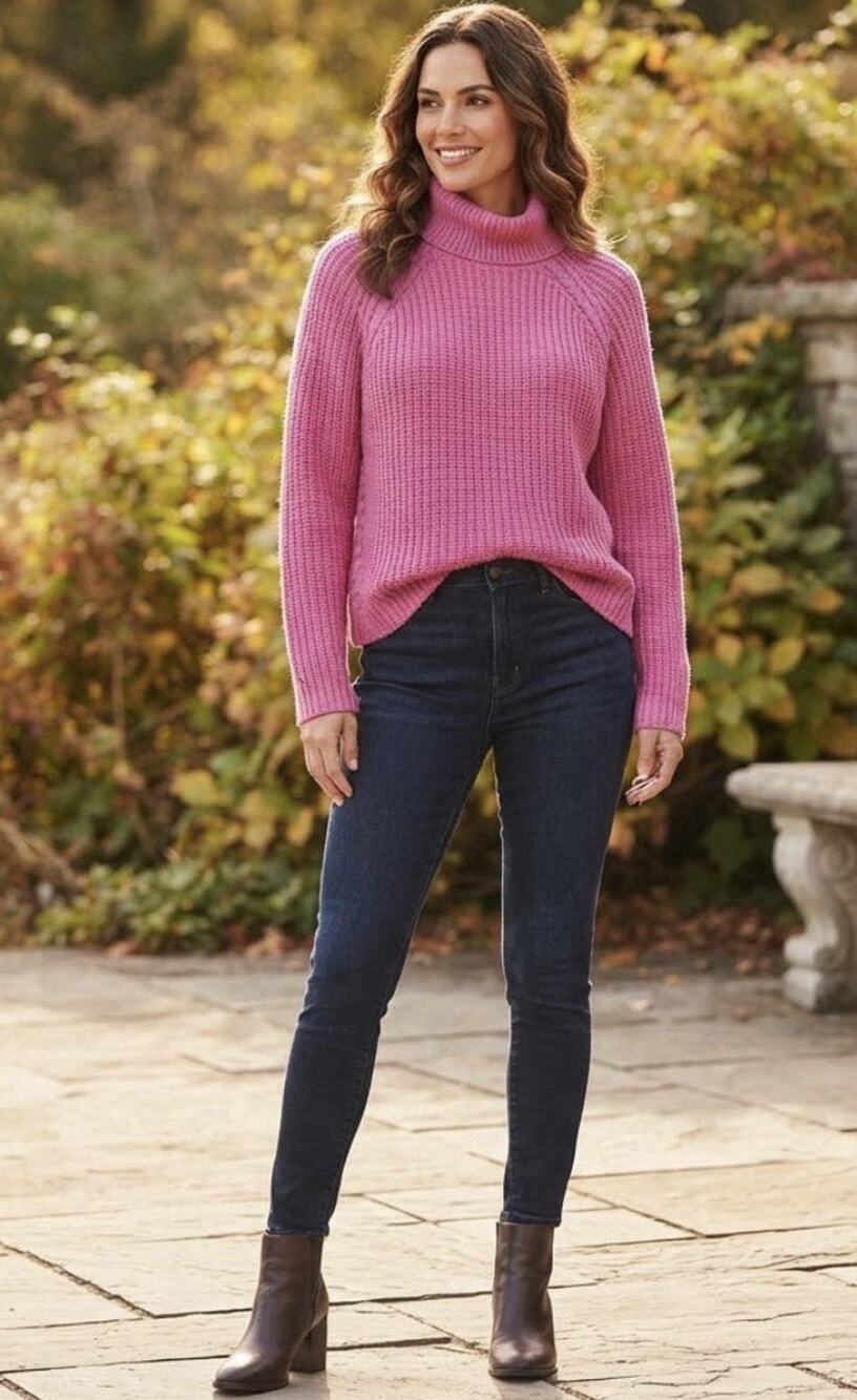 New Look Hot Pink Turtleneck Knit Sweater Ribbed Quiet Luxury Cozycore Sz 1X